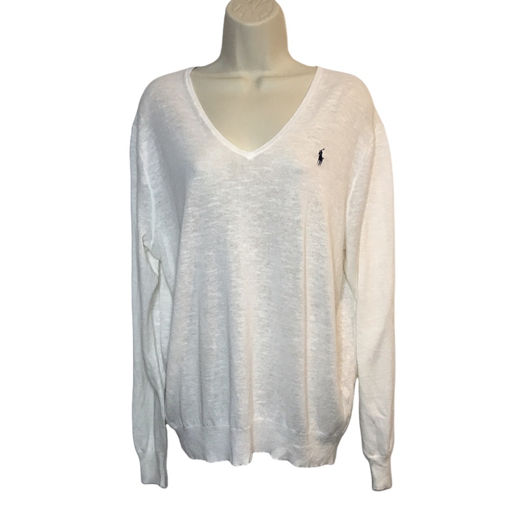 Polo Ralph Lauren Linen Cotton V-neck Knit Sweater Shirt White Blue XL